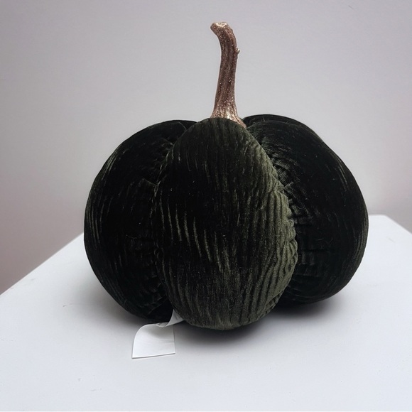 Emerald Green Ribbed Velvet Gold Sparkly Stem Pumpkin Plush Fall Home Decor - Picture 5 of 11